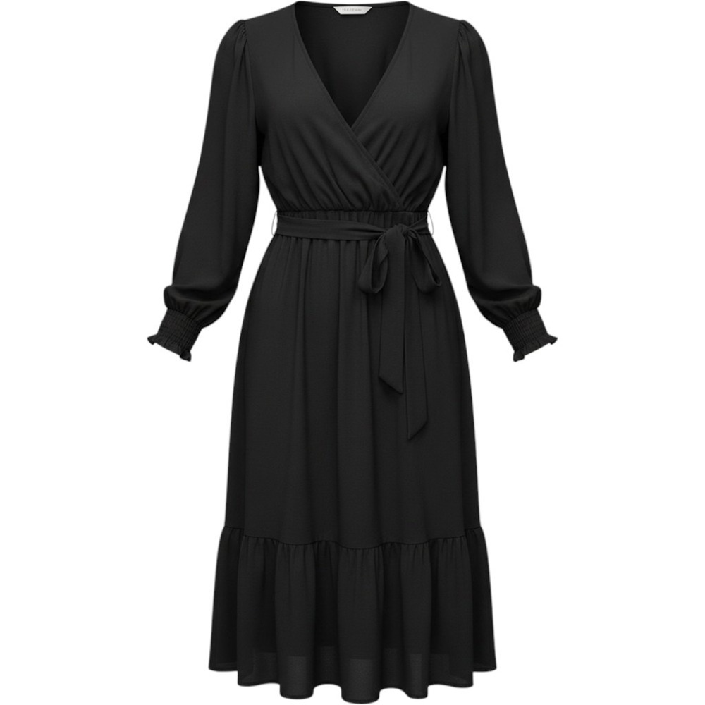 Prettygarden Black Faux Wrap Maxi Dress XXL Long Sleeve Smocked Belted NWT